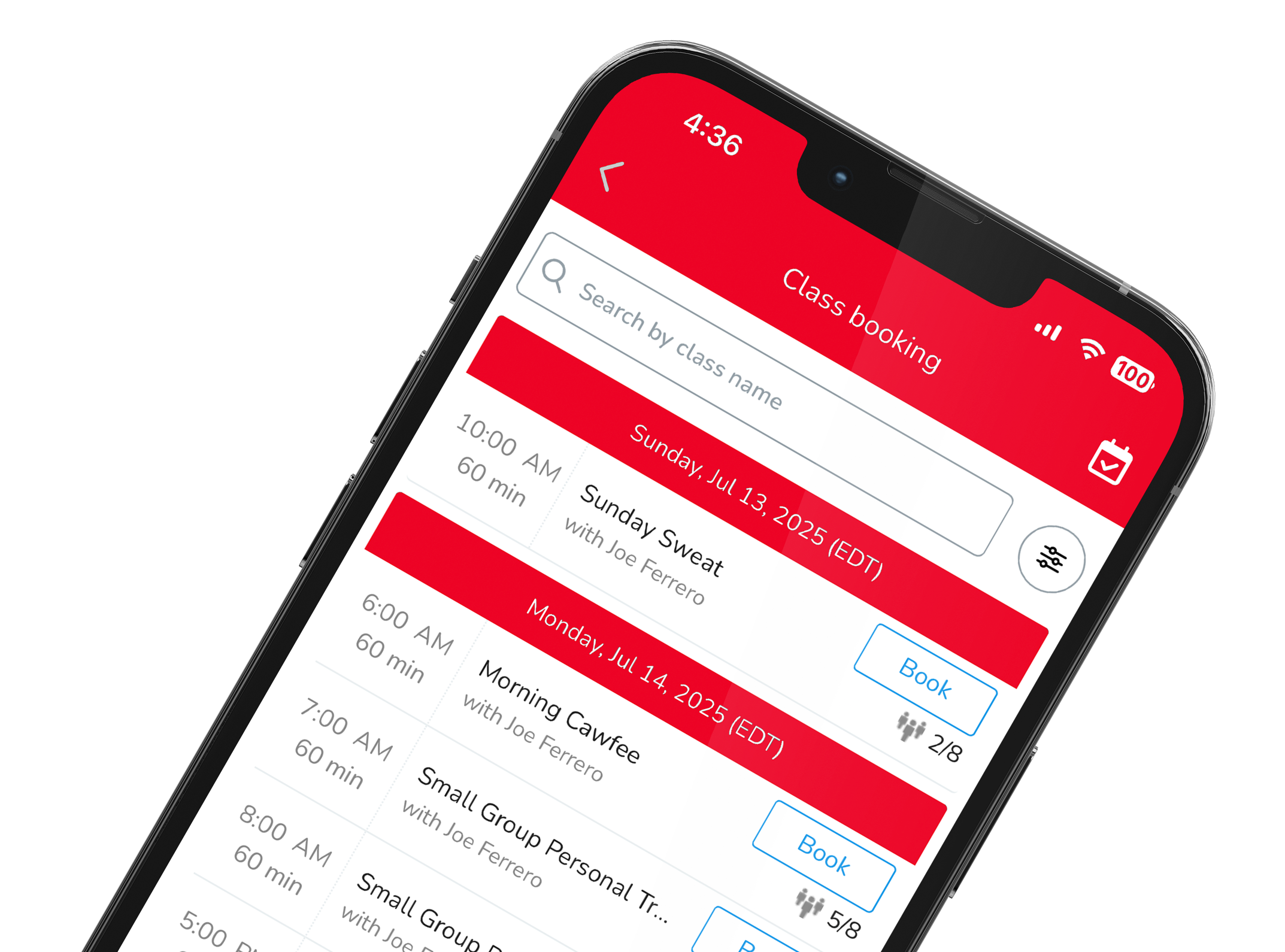 PrideFit Training app — booking interface