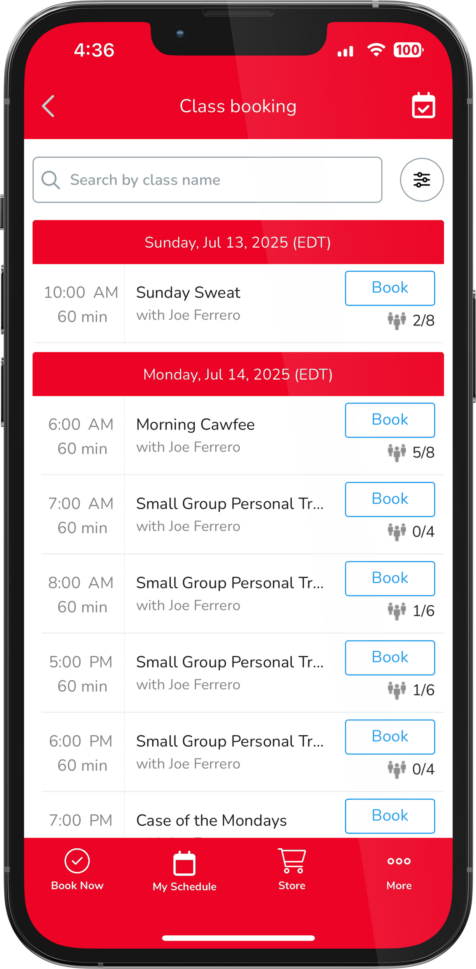 PrideFit Training app — class booking screen